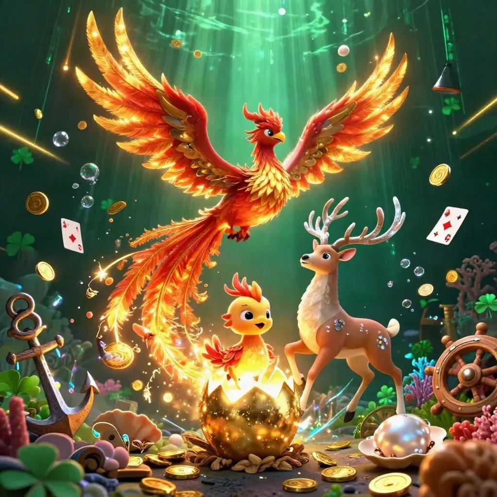 Fire phoenix, baby phoenix, and crystal stag burst from an emerald treasure cove in premium casino art