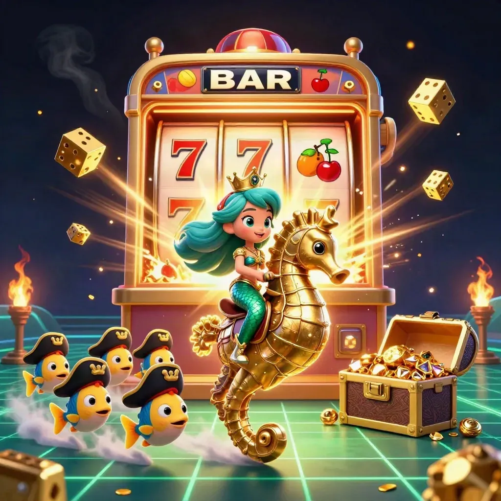 Mermaid princess on armored seahorse amid slot bursts, gold, fish pirates, neon casino glow.