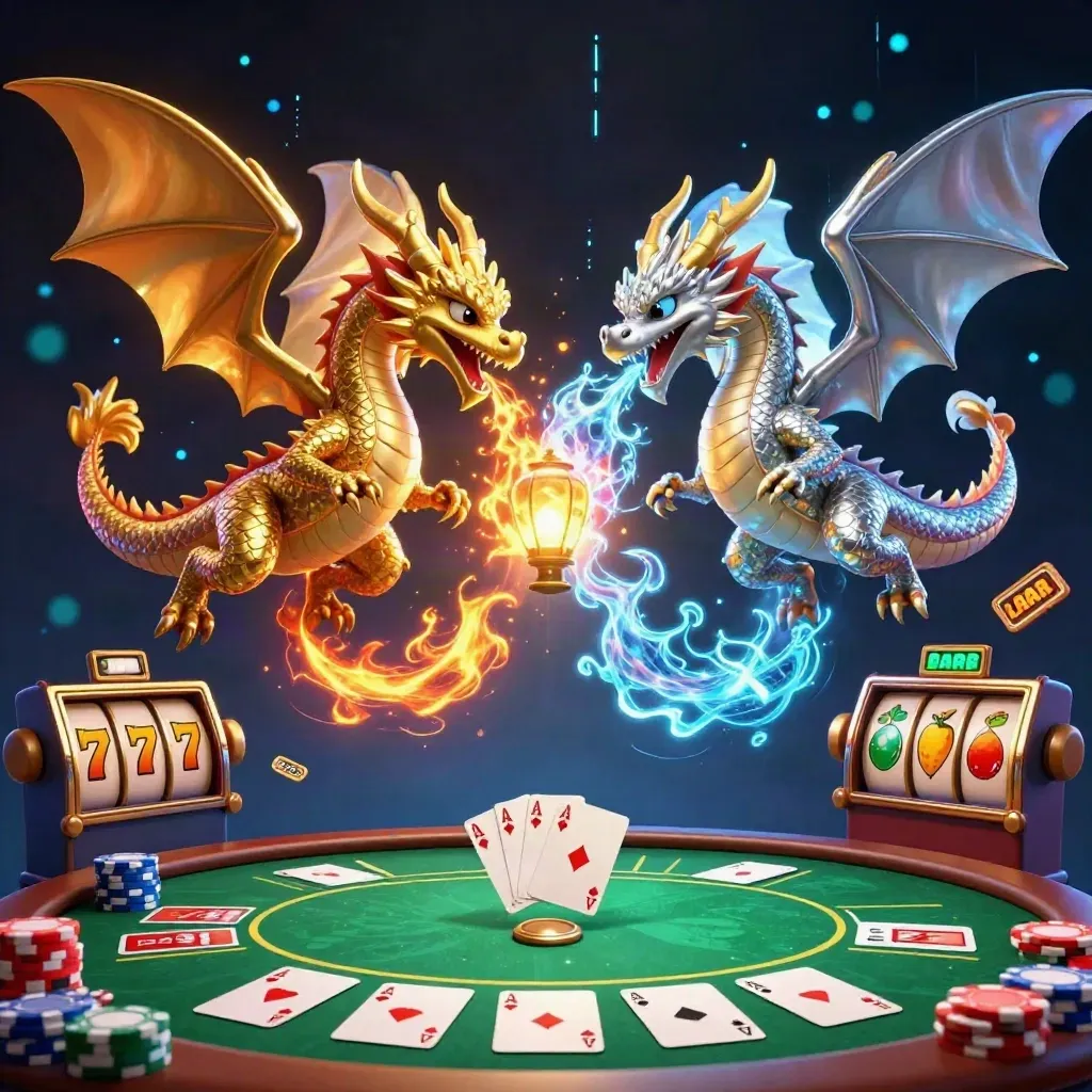 Gold and silver dragons spiral in a blackjack-casino burst with chips, cards, and neon energy.