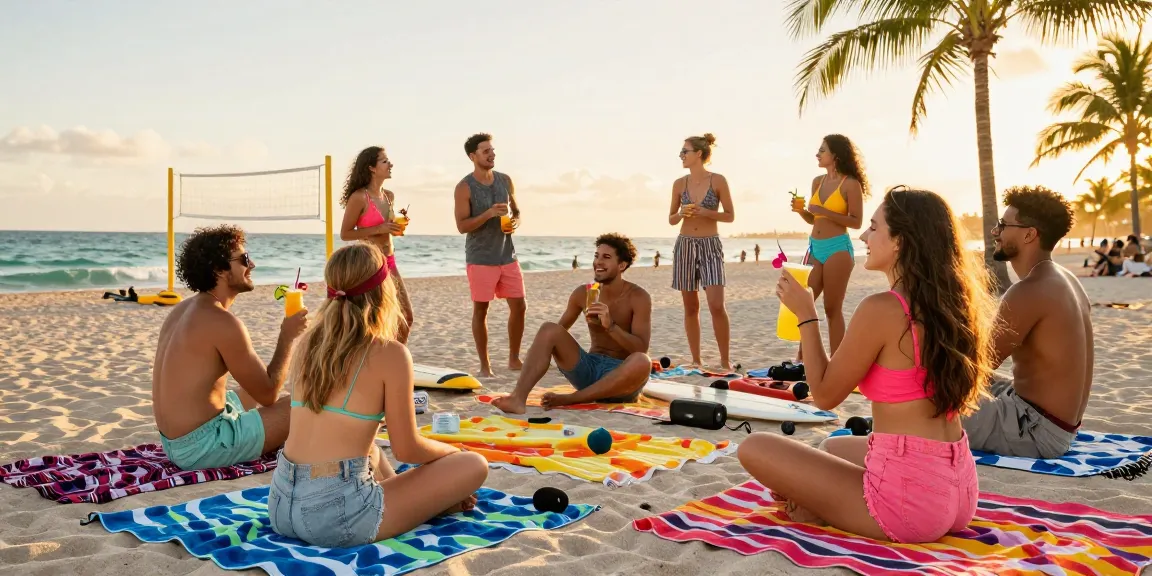Kumpul teman di https://miami4d.com/ menikmati pesta pantai berwarna-warni saat matahari terbenam, suasana ceria dengan minuman tropis dan permainan pantai.